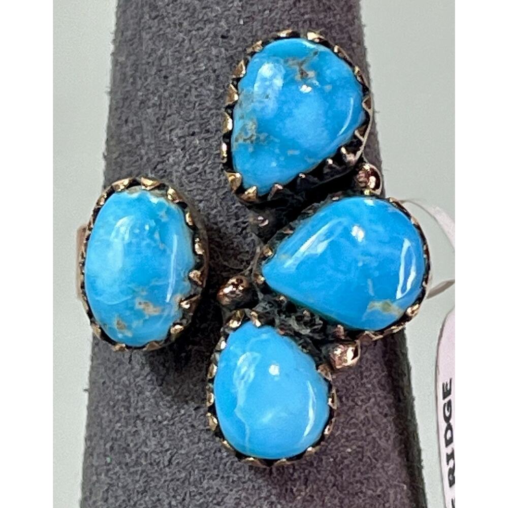 Southwestern Kingman Turquoise Copper Adjustable Bypass 4 Stone Cluster Ring - Picture 9 of 15